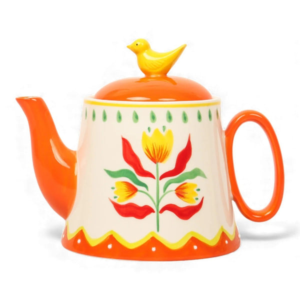 Retro Folk Stoneware Hand Painted Teapot by La La Land. Australian Art Prints, Gifts, Fashion and Homewares. Green Door Decor. www.greendoordecor.com.au