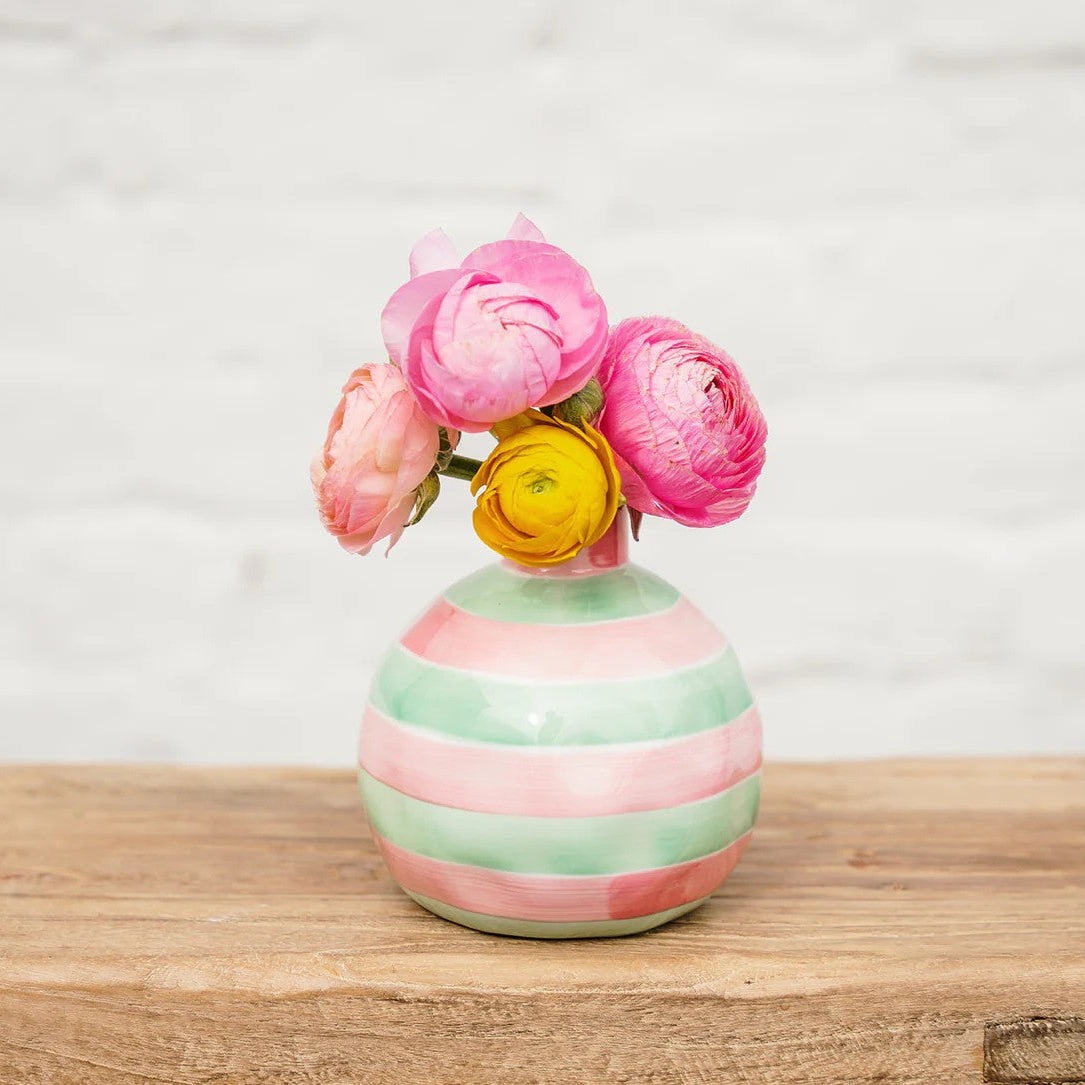 Noss Round Bud Vase | Pink & Mint Green Stripe by Noss & Co. Australian Art Prints and Homewares. Green Door Decor. www.greendoordecor.com.au