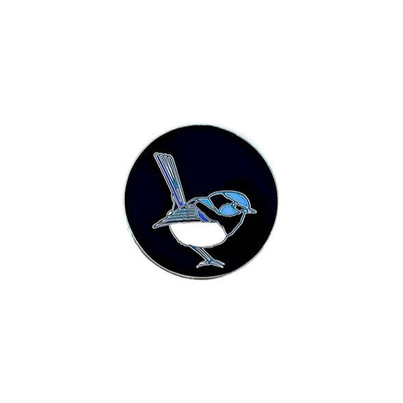 Round Superb Fairy Wren Pin by Red Parka. Australian Art Prints and Homewares. Green Door Decor. www.greendoordecor.com.au