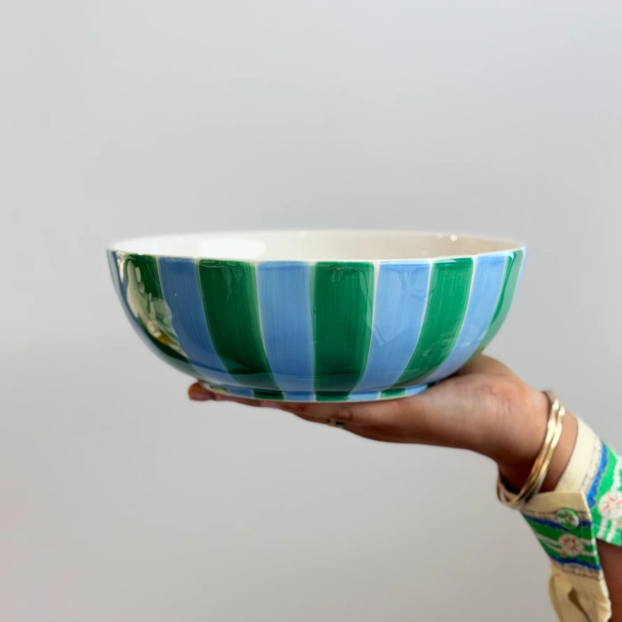 Noss Salad Bowl | Green & Cornflower Blue Stripe by Noss & Co. Australian Art Prints, Gifts, Fashion and Homewares. Green Door Decor. www.greendoordecor.com.au