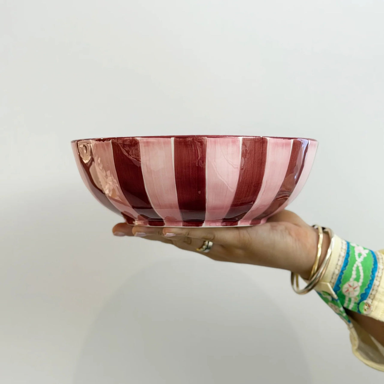 Noss Salad Bowl | Pink & Burgundy Stripe by Noss & Co. Australian Art Prints, Gifts, Fashion and Homewares. Green Door Decor. www.greendoordecor.com.au