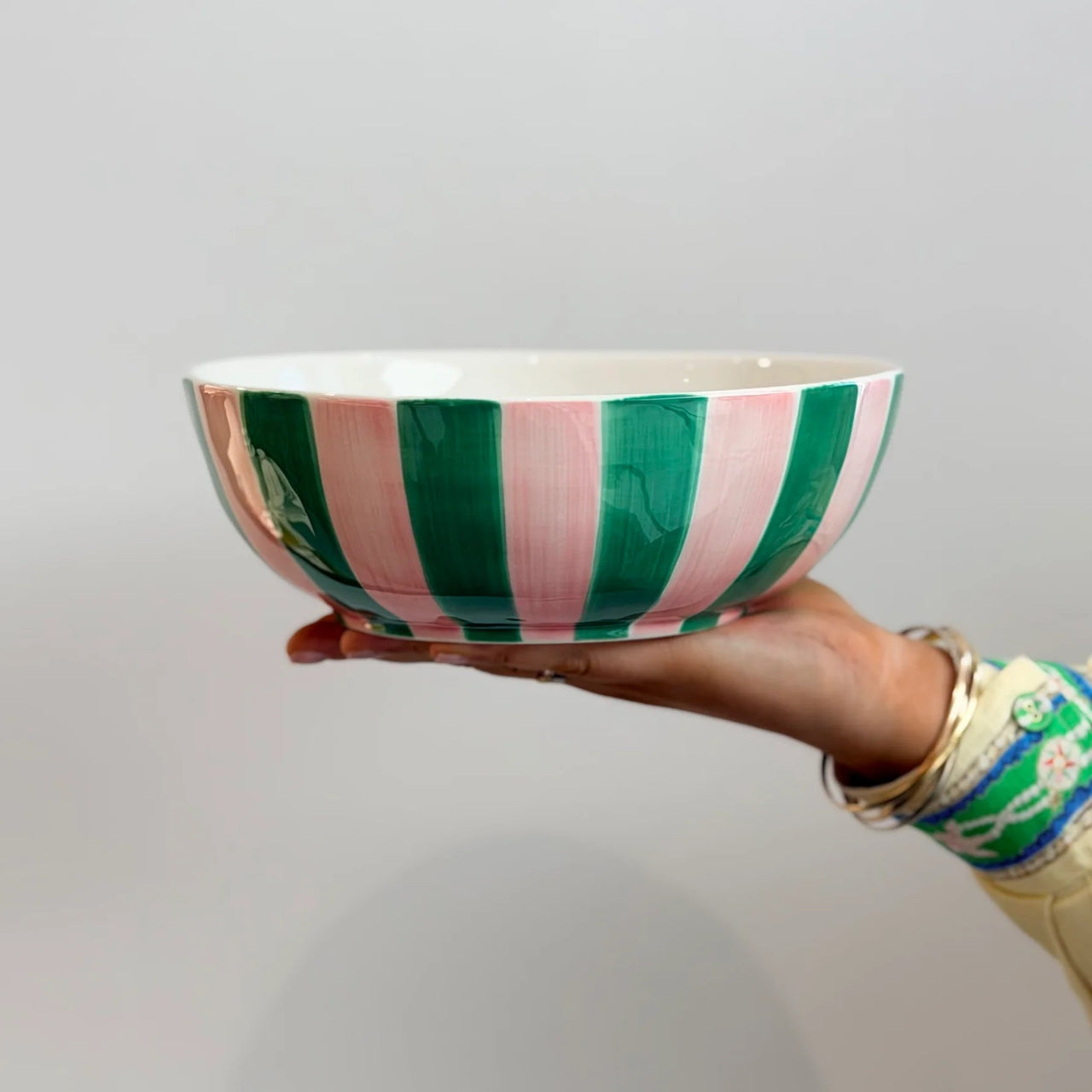 Noss Salad Bowl | Pink & Green Stripe by Noss & Co. Australian Art Prints, Gifts, Fashion and Homewares. Green Door Decor. www.greendoordecor.com.au