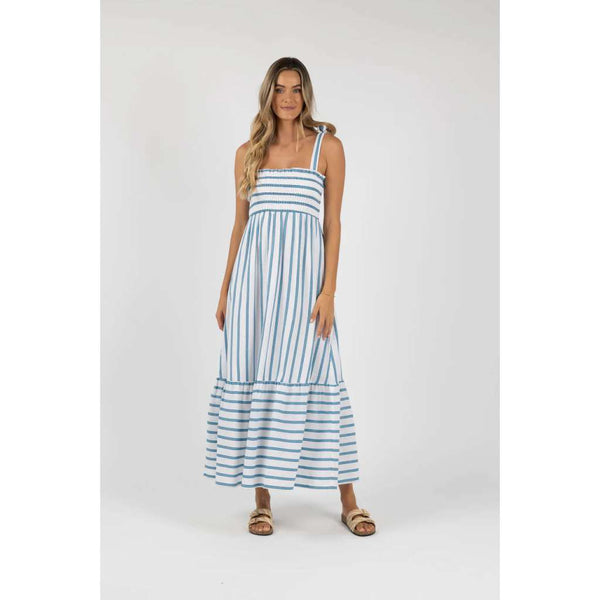 Santos Shirred Dress | Blue Stripe by Humidity Lifestyle. Australian Art Prints and Homewares. Green Door Decor. www.greendoordecor.com.au