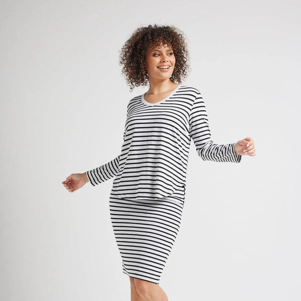 Sia V Neck Bamboo Long Sleeve Top - Grey Marle & Black Stripe by Lou Lou Australia. Australian Art Prints and Homewares. Green Door Decor. www.greendoordecor.com.au