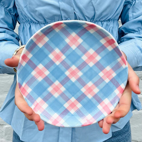 Side Plate | Pink & Cornflower Blue Gingham by Noss Ceramics. Australian Art Prints and Homewares. Green Door Decor. www.greendoordecor.com.au