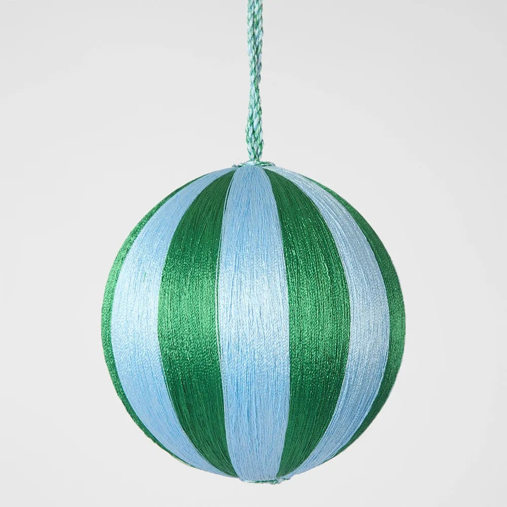 Silk Stripe Bauble Medium - Blue & Green | Christmas Hanging Decorations by Florabelle. Australian Art Prints and Homewares. Green Door Decor. www.greendoordecor.com.au