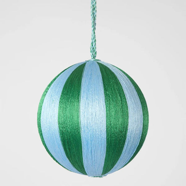 Silk Stripe Bauble Medium - Blue & Green | Christmas Hanging Decorations by Florabelle. Australian Art Prints and Homewares. Green Door Decor. www.greendoordecor.com.au