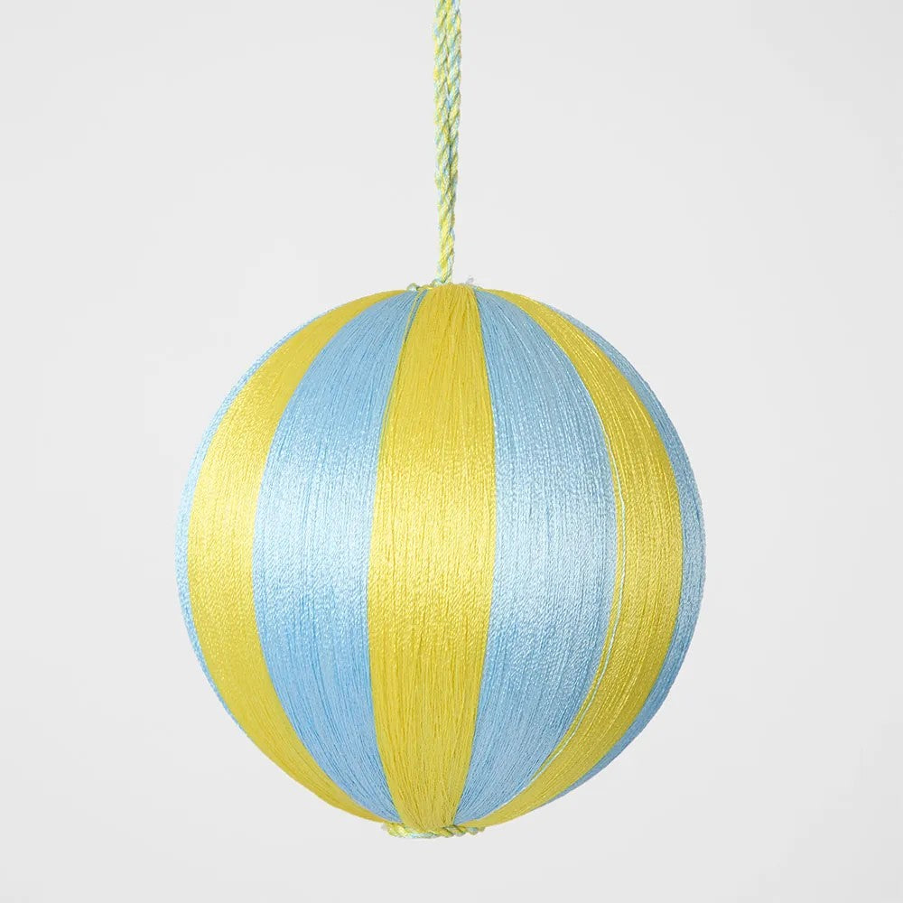 Silk Stripe Bauble Medium - Blue & Yellow | Christmas Hanging Decorations by Florabelle. Australian Art Prints and Homewares. Green Door Decor. www.greendoordecor.com.au