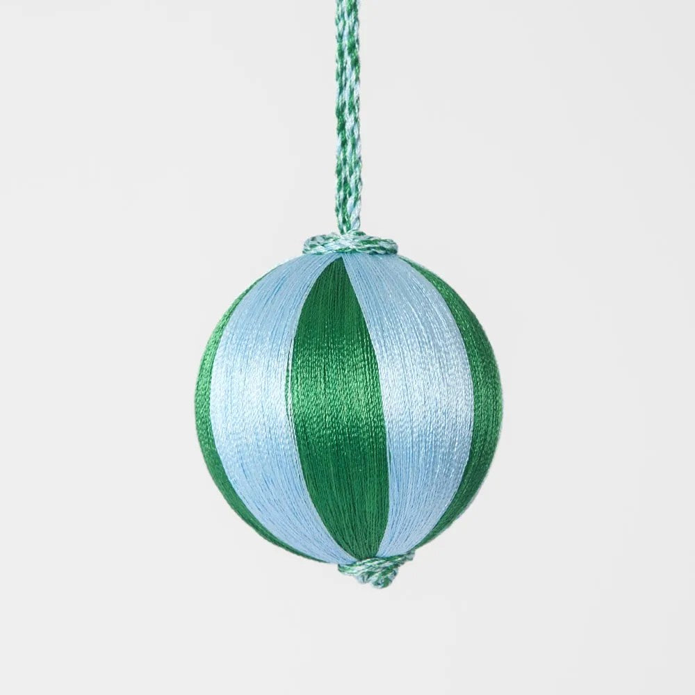 Silk Stripe Bauble Small - Blue & Green | Christmas Hanging Decorations by Florabelle. Australian Art Prints and Homewares. Green Door Decor. www.greendoordecor.com.au