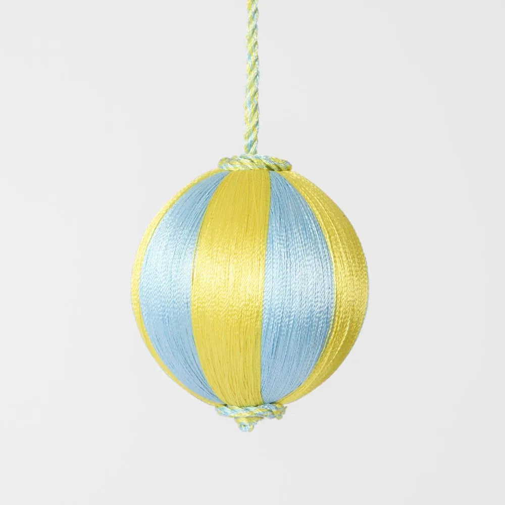 Silk Stripe Bauble Small - Blue & Yellow | Christmas Hanging Decorations by Florabelle. Australian Art Prints and Homewares. Green Door Decor. www.greendoordecor.com.au
