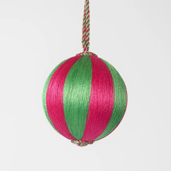 Silk Stripe Bauble Small - Pink & Green | Christmas Hanging Decorations by Florabelle. Australian Art Prints and Homewares. Green Door Decor. www.greendoordecor.com.au