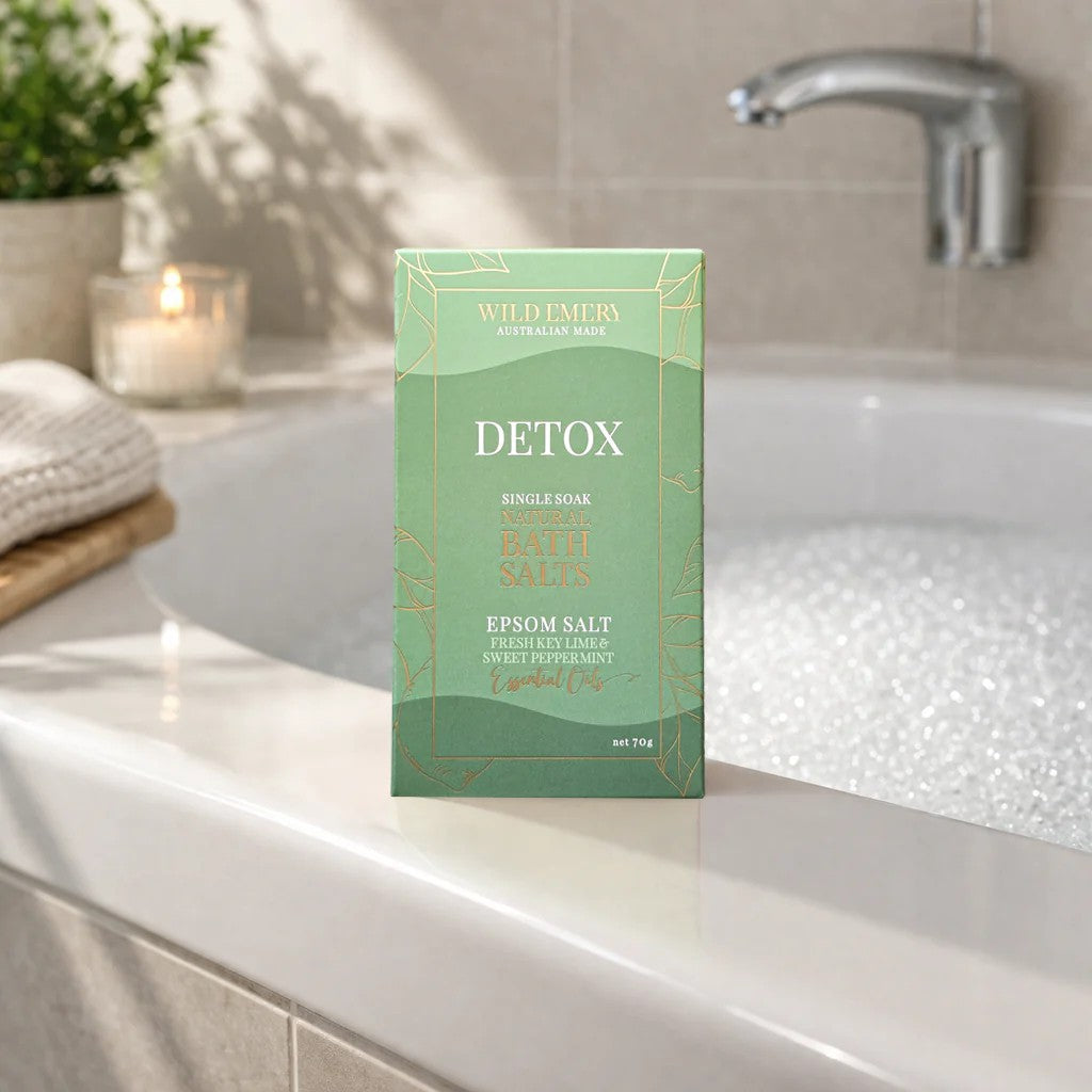 Single Soak Natural Bath Salts | Detox by Wild Emery. Australian Art Prints, Gifts, Fashion and Homewares. Green Door Decor. www.greendoordecor.com.au