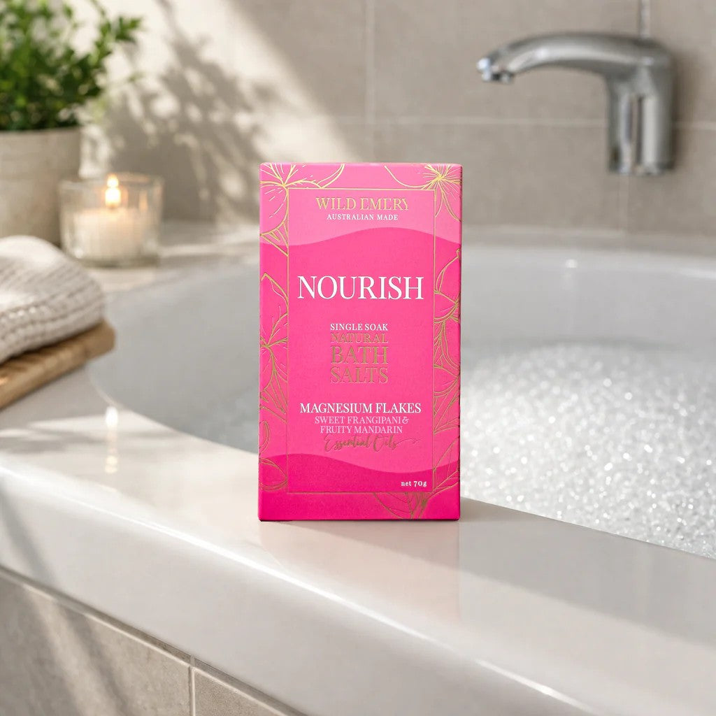 Single Soak Natural Bath Salts | Nourish by Wild Emery. Australian Art Prints, Gifts, Fashion and Homewares. Green Door Decor. www.greendoordecor.com.au