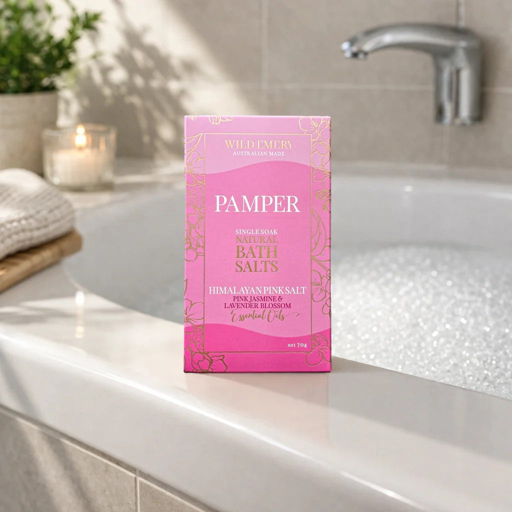 Single Soak Natural Bath Salts | Pamper by Wild Emery. Australian Art Prints, Gifts, Fashion and Homewares. Green Door Decor. www.greendoordecor.com.au