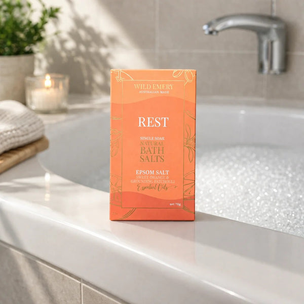 Single Soak Natural Bath Salts | Rest by Wild Emery. Australian Art Prints, Gifts, Fashion and Homewares. Green Door Decor. www.greendoordecor.com.au
