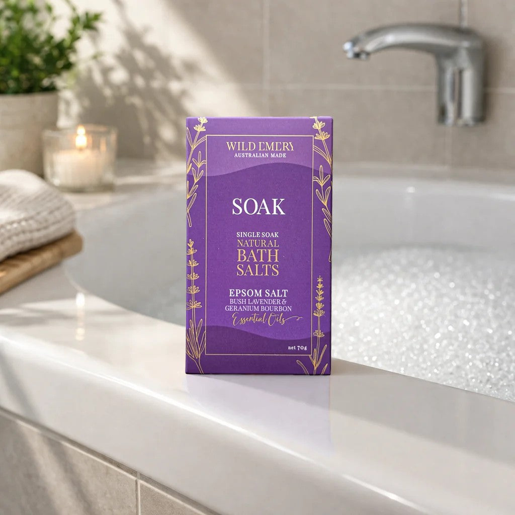 Single Soak Natural Bath Salts | Soak by Wild Emery. Australian Art Prints, Gifts, Fashion and Homewares. Green Door Decor. www.greendoordecor.com.au