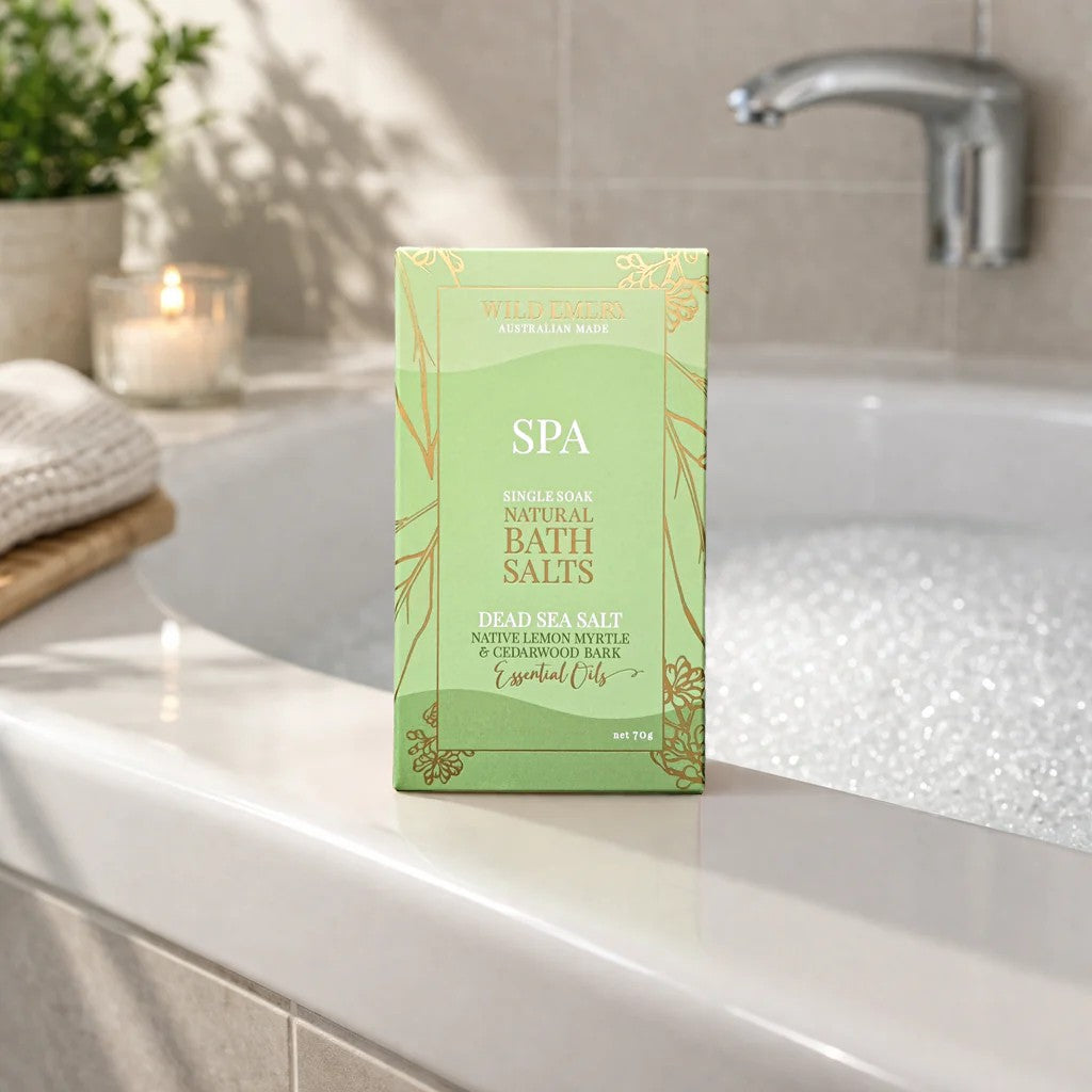 Single Soak Natural Bath Salts | Spa by Wild Emery. Australian Art Prints, Gifts, Fashion and Homewares. Green Door Decor. www.greendoordecor.com.au