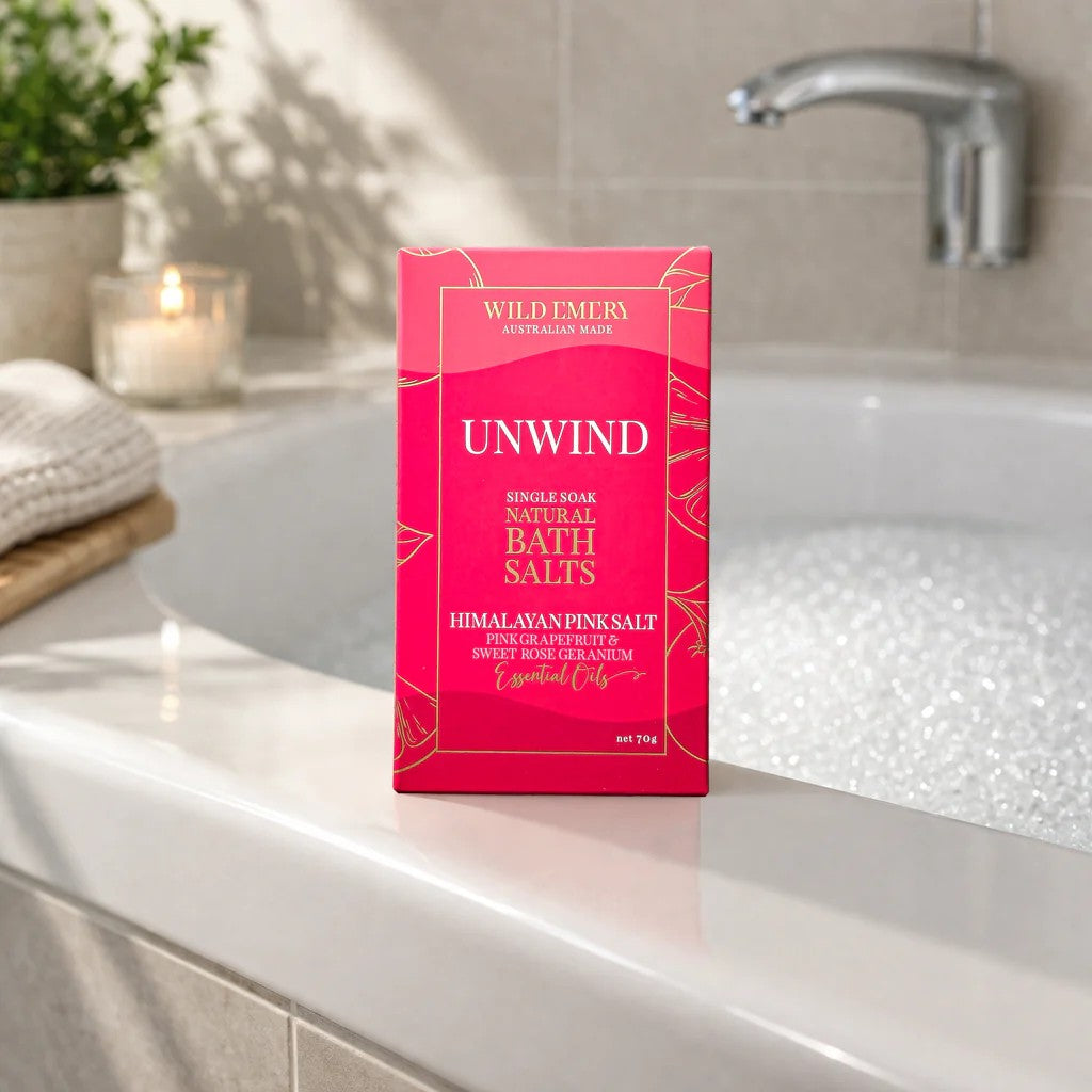 Single Soak Natural Bath Salts | Unwind by Wild Emery. Australian Art Prints, Gifts, Fashion and Homewares. Green Door Decor. www.greendoordecor.com.au