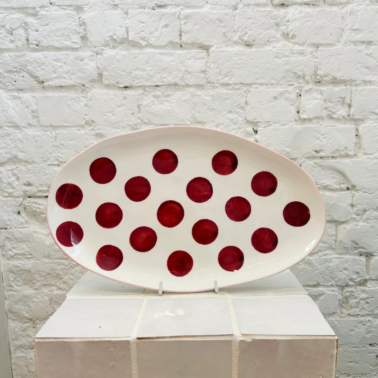 Noss Small Oval Platter | Burgundy Dots & Pink Rim by Noss & Co. Australian Art Prints, Fashion and Homewares. Green Door Decor. www.greendoordecor.com.au