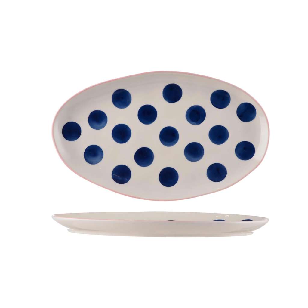 Noss Small Oval Platter | Navy Dots & Pink Rim by Noss & Co. Australian Art Prints, Fashion and Homewares. Green Door Decor. www.greendoordecor.com.au