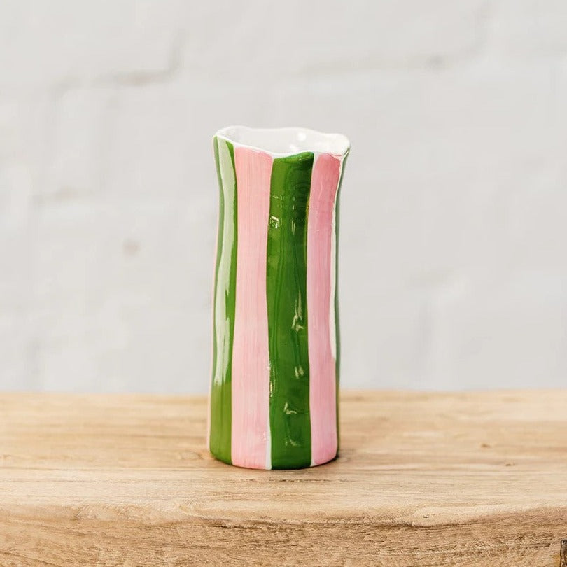 Small Vase | Dark Green & Pink Stripe by Noss Ceramics. Australian Art Prints and Homewares. Green Door Decor. www.greendoordecor.com.au