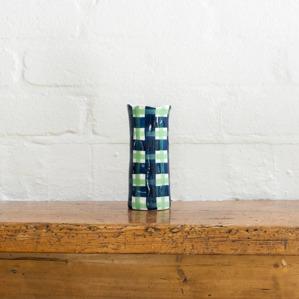 Small Vase | Navy/Green Gingham by Noss Ceramics. Australian Art Prints and Homewares. Green Door Decor. www.greendoordecor.com.au