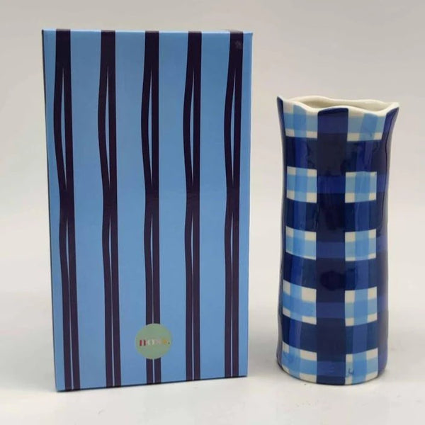 Small Vase | Navy & Cornflower Blue Gingham by Noss Ceramics. Australian Art Prints and Homewares. Green Door Decor. www.greendoordecor.com.au