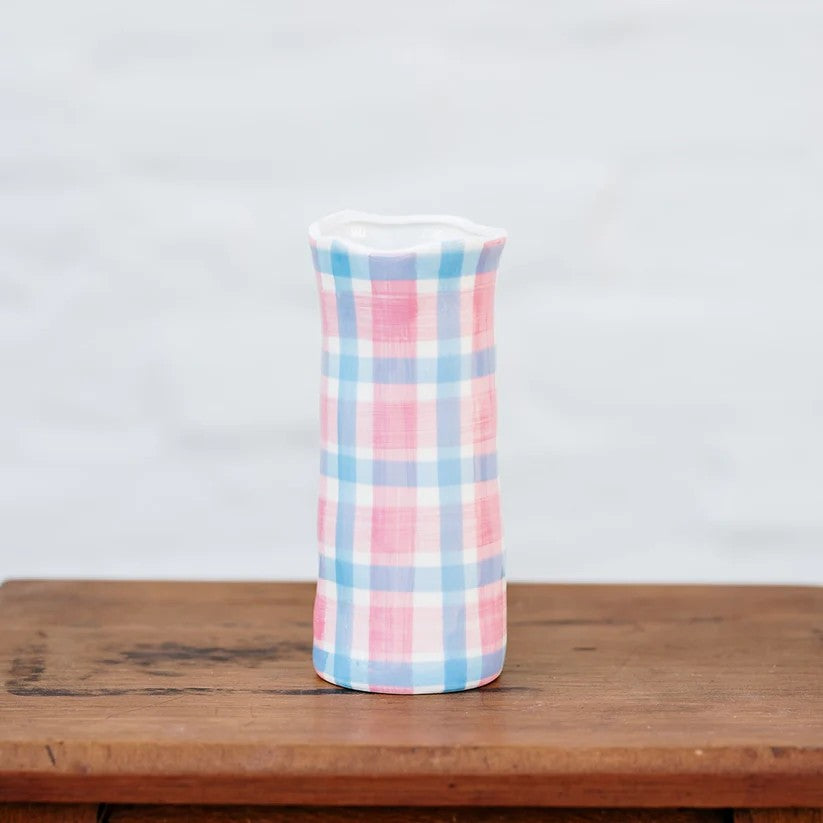 Small Vase | Pink & Cornflower Blue Gingham by Noss Ceramics. Australian Art Prints and Homewares. Green Door Decor. www.greendoordecor.com.au