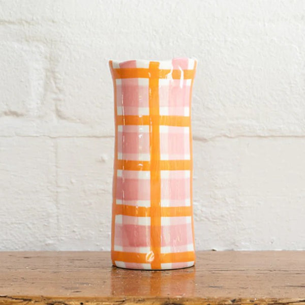 Small Vase | Pink & Orange Gingham by Noss Ceramics. Australian Art Prints and Homewares. Green Door Decor. www.greendoordecor.com.au