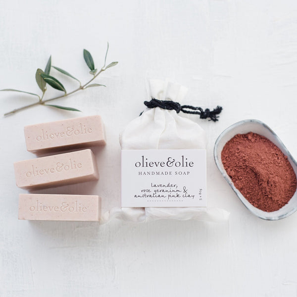 'Lavender, Rose Geranium & Pink Clay' Soap 3 Pack by Olieve and Olie. Australian Art Prints and Homewares. Green Door Decor. www.greendoordecor.com.au