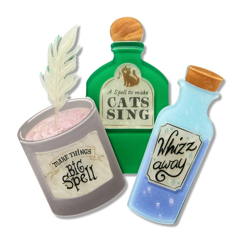 Spell Bottles Brooch | Erstwilder x Fleur Harris x Enid Blyton 'The Magic Faraway Tree'. Australian Art Prints, Gifts, Fashion and Homewares. Green Door Decor. www.greendoordecor.com.au