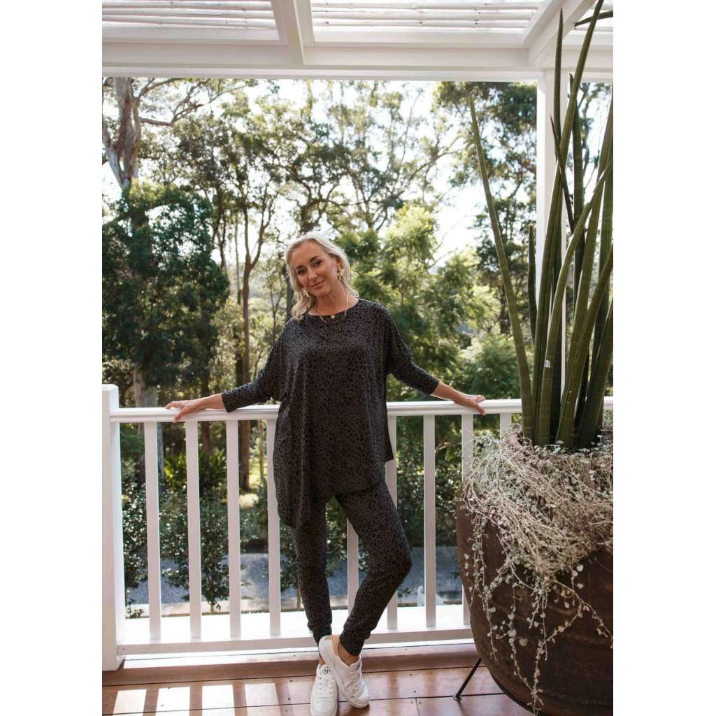 Susie Oversized Asymmetrical Bamboo Top Steel Leopard Lou Lou 