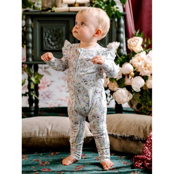 'Sweet Garden' Precious Frill Coverall Onesie by Fleur Harris. Australian Art Prints and Homewares. Green Door Decor. www.greendoordecor.com.au