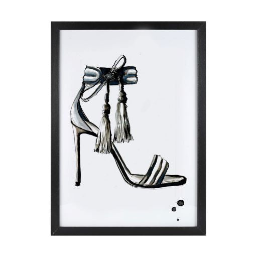 Tassels Stiletto Shoe - Black print by Susan Kerian. Australian Art Prints and Homewares. Green Door Decor. www.greendoordecor.com.au