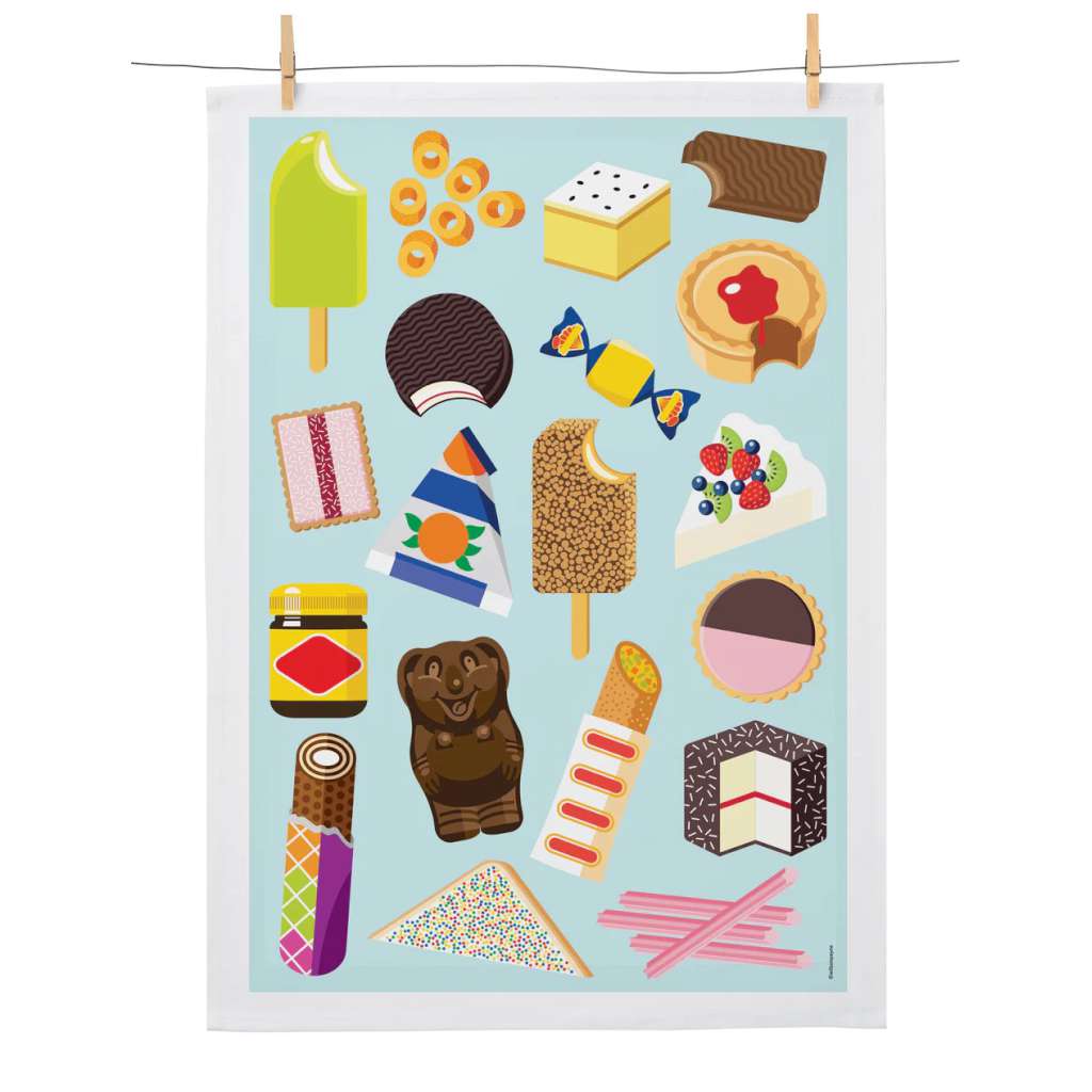 'Aussie Snacks' Tea Towel by Wilson Payne. Australian Art Prints and Homewares. Green Door Decor. www.greendoordecor.com.au