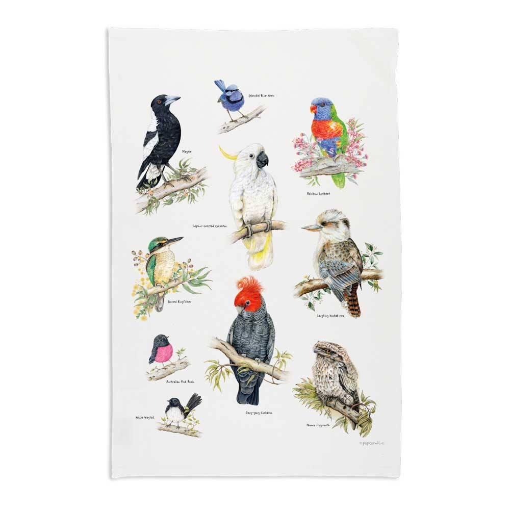 Birds Medley | Tea Towel by Popcorn Blue. Australian Art Prints, Gifts, Fashion and Homewares. Green Door Decor. www.greendoordecor.com.au