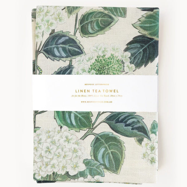 Linen Tea Towel | Hydrangea by Bespoke Letterpress. Australian Art Prints and Homewares. Green Door Decor. www.greendoordecor.com.au