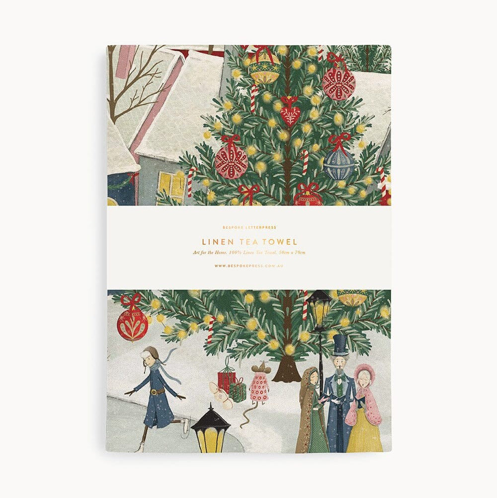 Linen Tea Towel | The Christmas Village by Bespoke Letterpress. Australian Art Prints and Homewares. Green Door Decor. www.greendoordecor.com.au