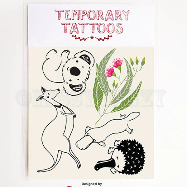 Temporary Tattoos | Australiana 6 (Mono Roo, Koala, Platypus) by Missy Minzy. Australian Art Prints, Gifts, Fashion and Homewares. Green Door Decor. www.greendoordecor.com.au