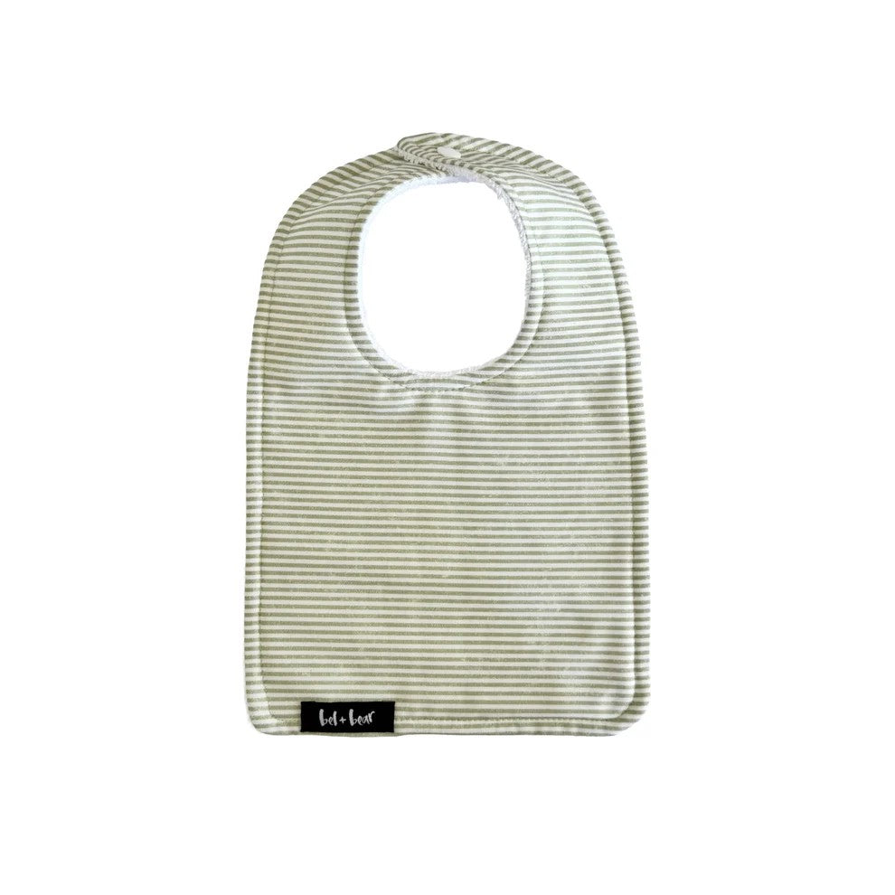 Traditional Bib | Sage Stripe by Bel and Bear. Australian Art Prints, Gifts, Fashion and Homewares. Green Door Decor. www.greendoordecor.com.au