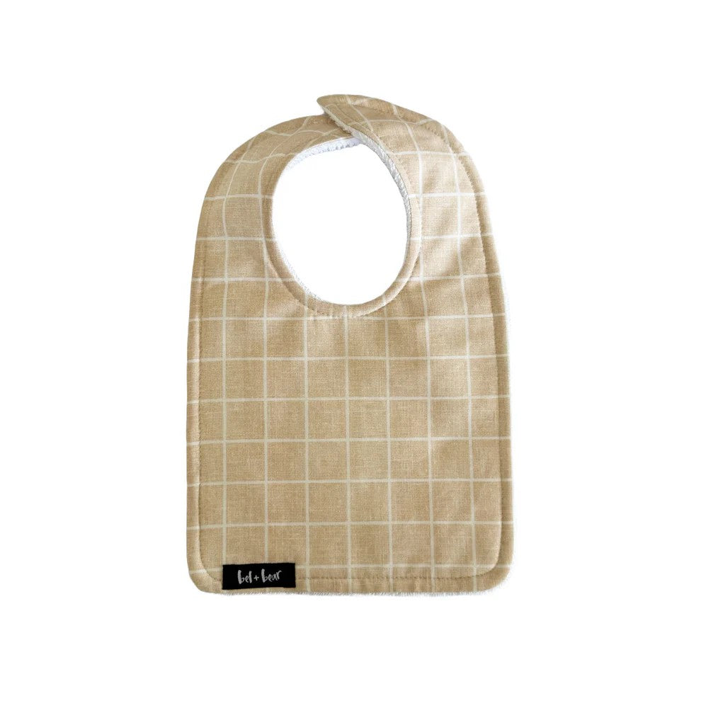Traditional Bib | Tan Grid by Bel and Bear. Australian Art Prints, Gifts, Fashion and Homewares. Green Door Decor. www.greendoordecor.com.au