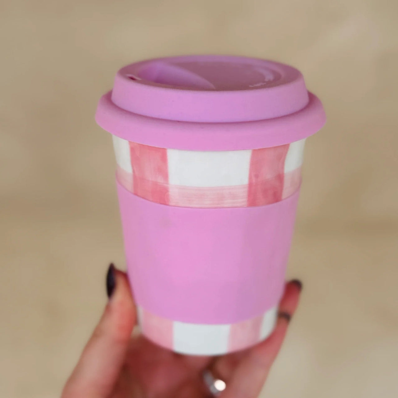 Noss Ceramic Travel Mug | Pink Gingham by Noss & Co. Australian Art Prints and Homewares. Green Door Decor. www.greendoordecor.com.au