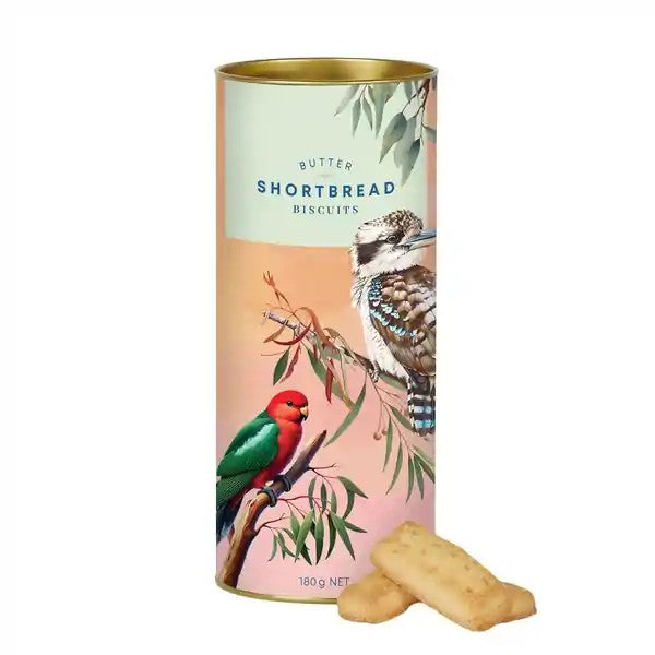 Aussie Birds Kookaburra Shortbread Tube 180g | Valley Produce Co. Australian Art Prints, Gifts, Fashion and Homewares. Green Door Decor. www.greendoordecor.com.au