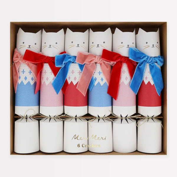 Velvet Bow Cat Christmas Crackers (x6) by Meri Meri. Australian Art Prints and Homewares. Green Door Decor. www.greendoordecor.com.au