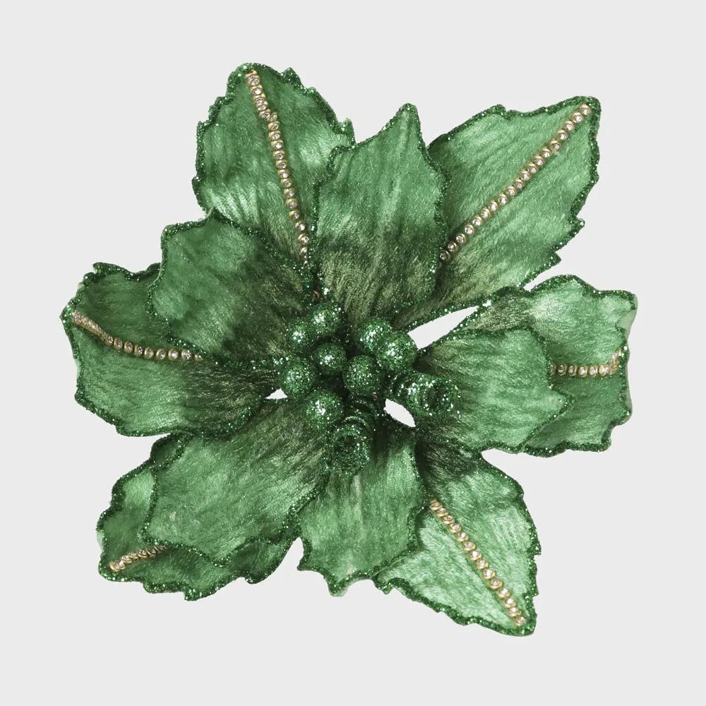 Velvet Crystal Clip On Poinsettia - Emerald Green | Christmas Decoration by Florabelle. Australian Art Prints and Homewares. Green Door Decor. www.greendoordecor.com.au