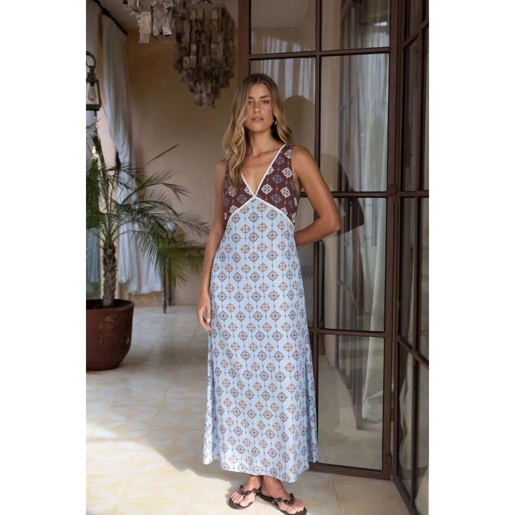 Vintage Tales Maxi Dress | Blue/Choc by Humidity Lifestyle. Australian Art Prints, Gifts, Fashion and Homewares. Green Door Decor. www.greendoordecor.com.au