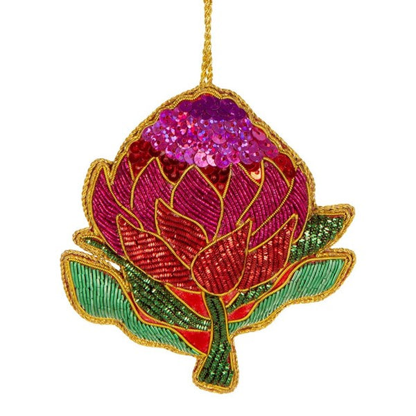 Waratah Sequin Hanging Xmas Decoration. Australian Art Prints and Homewares. Green Door Decor. www.greendoordecor.com.au