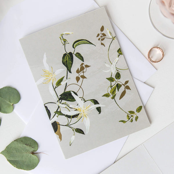 White Collection Greeting Card | Clematis by Bell Art. Australian Art Prints and Homewares. Green Door Decor. www.greendoordecor.com.au