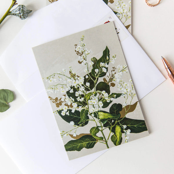 White Collection Greeting Card | Hardenbergia by Bell Art. Australian Art Prints and Homewares. Green Door Decor. www.greendoordecor.com.au