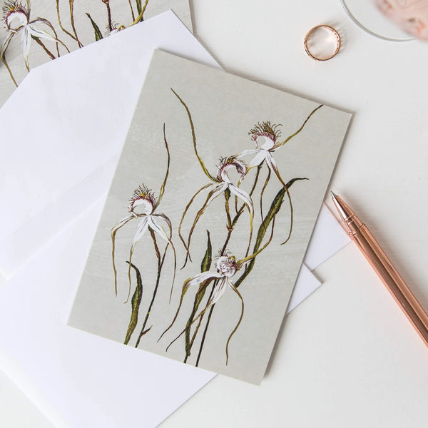 White Collection Greeting Card | Spider Orchid by Bell Art. Australian Art Prints and Homewares. Green Door Decor. www.greendoordecor.com.au